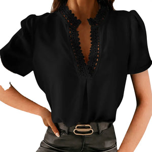 Elegant Fashion Lace Blouse Hollow Out Solid Chiffon Shirt  V-Neck Short Sleeve Loose Pullovers Blouse Women's Top