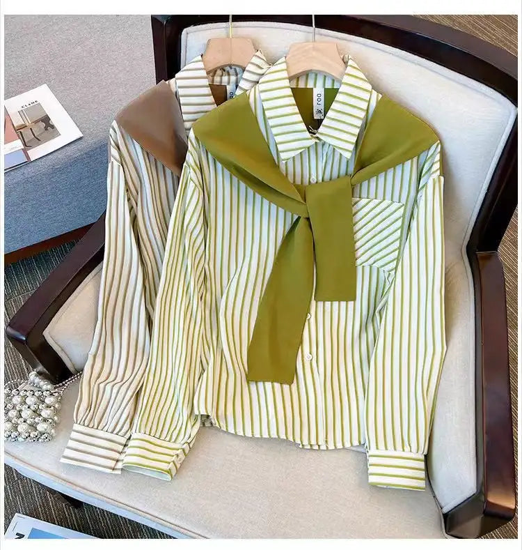 Green shawl striped shirt Women's  loose fitting long sleeve Top
